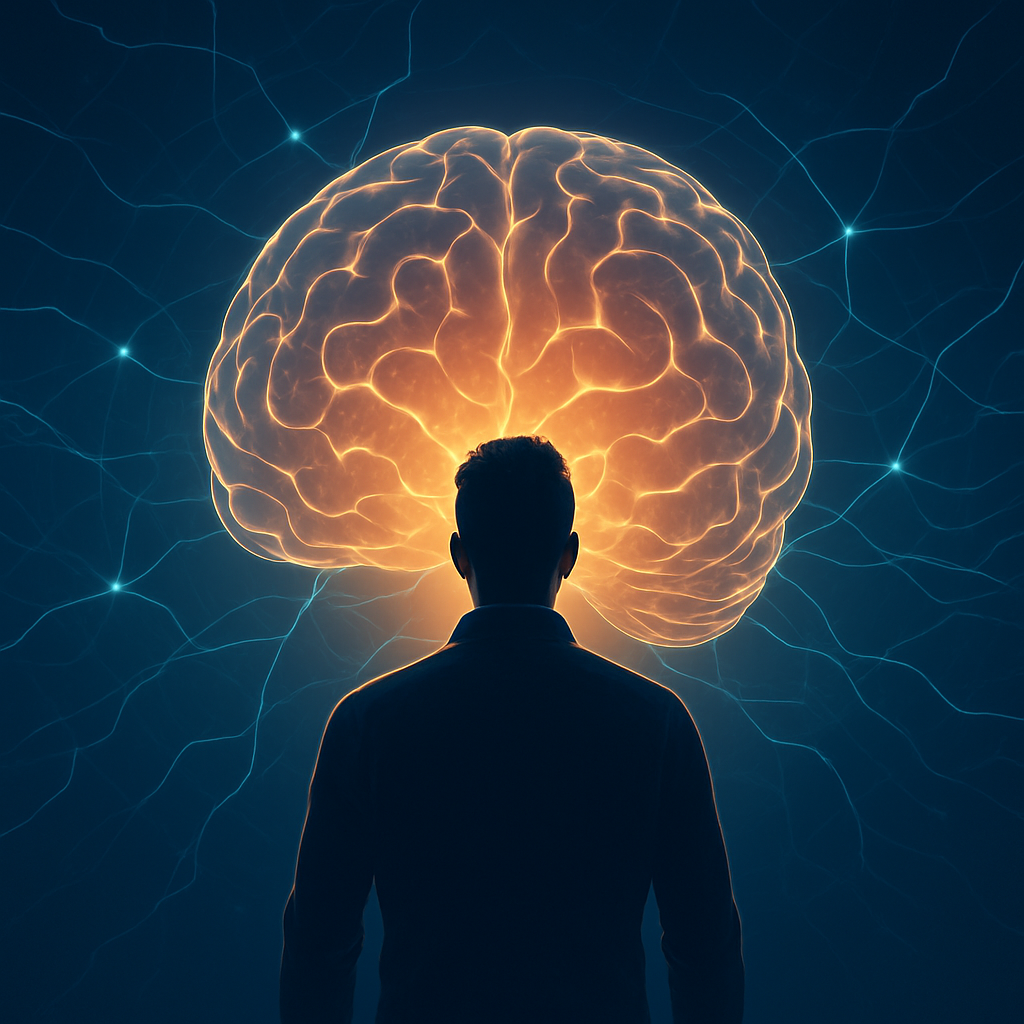 Silhouette in front of a glowing brain, symbolizing owning your madness through neuroscience empowerment and mental health strength.