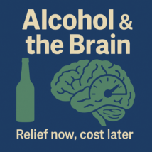 Alcohol and the brain — square feature image with bold title text, a green bottle silhouette, and a stylized brain with a gauge showing ‘relief now, cost later.’”