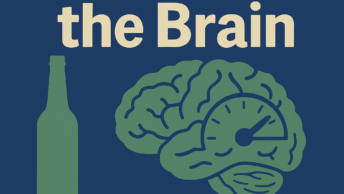 Alcohol and the brain — square feature image with bold title text, a green bottle silhouette, and a stylized brain with a gauge showing ‘relief now, cost later.’”