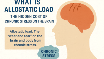 Educational infographic titled “What Is Allostatic Load: The Hidden Cost of Chronic Stress on the Brain.” It shows a side profile of a human head with the brain highlighted in orange and a blue text bubble labeled “Chronic Stress.” The text defines allostatic load as the “wear and tear” on the brain and body from chronic stress. The design uses warm beige and blue tones to illustrate how prolonged stress affects brain health.