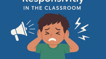 Feature image for article on sensory over-responsivity in the classroom: an anxious child covering ears with megaphone and lightning symbols on blue background, subtitle about ADHD and autism.