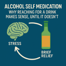 Square infographic on alcohol self medication showing a green brain labeled ‘Stress’ and an amber bottle labeled ‘Brief Relief,’ connected by a looping arrow on a teal-blue background with the title ‘Alcohol Self Medication: Why Reaching for a Drink Makes Sense, Until It Doesn’t.