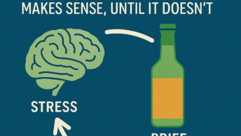 Square infographic on alcohol self medication showing a green brain labeled ‘Stress’ and an amber bottle labeled ‘Brief Relief,’ connected by a looping arrow on a teal-blue background with the title ‘Alcohol Self Medication: Why Reaching for a Drink Makes Sense, Until It Doesn’t.