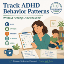 Parent calmly uses a behavior tracker to track ADHD behavior patterns, including sleep, appetite, triggers, schedule, and notes, while a child plays nearby.