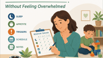 Parent calmly uses a behavior tracker to track ADHD behavior patterns, including sleep, appetite, triggers, schedule, and notes, while a child plays nearby.