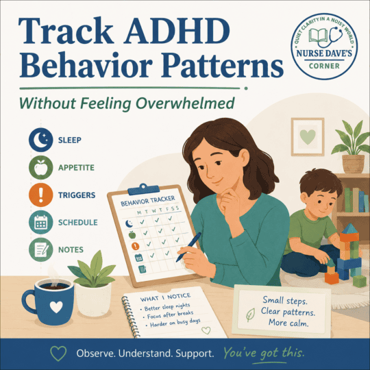 Parent calmly uses a behavior tracker to track ADHD behavior patterns, including sleep, appetite, triggers, schedule, and notes, while a child plays nearby.